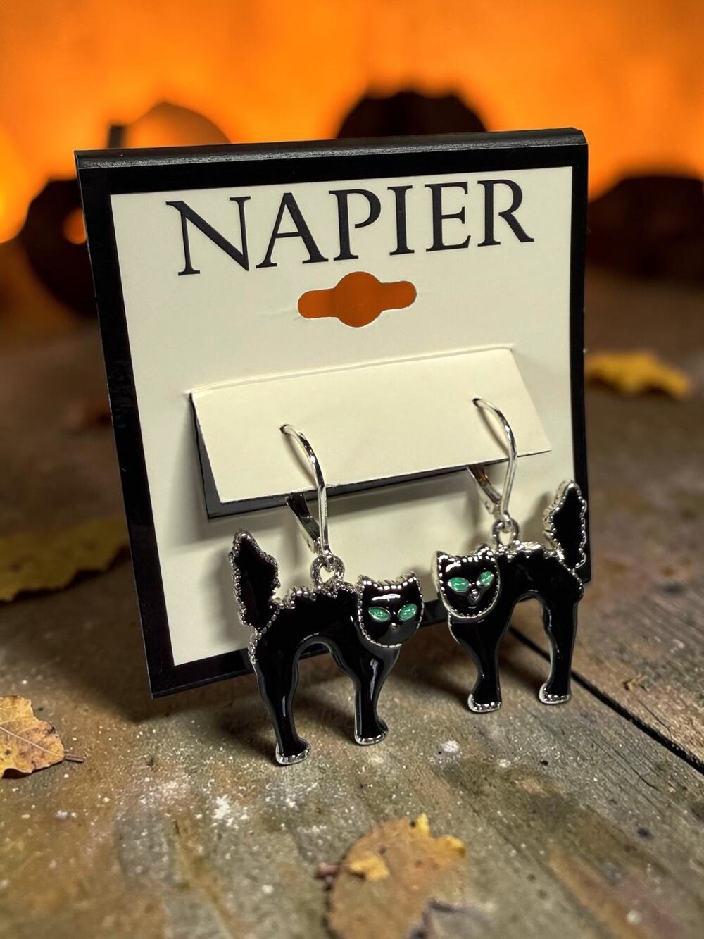 NAPIER Black Cat Halloween Dangle Earrings Silver Tone New on Card Green Eyes